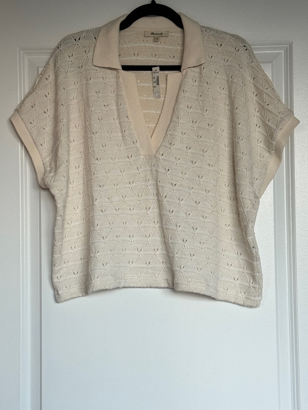 NWT MADEWELL Diamond-Knit Relaxed Polo Shirt in Lattice Ivory Stripe Large NZ642